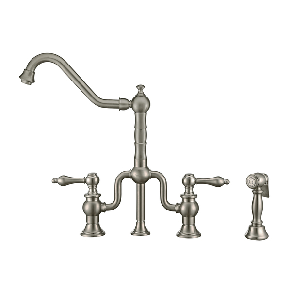 Whitehaus Bridge Faucet W/ Long Traditional Swivel Spout, Lvr Handles And Brass S WHTTSLV3-9771-NT-BN